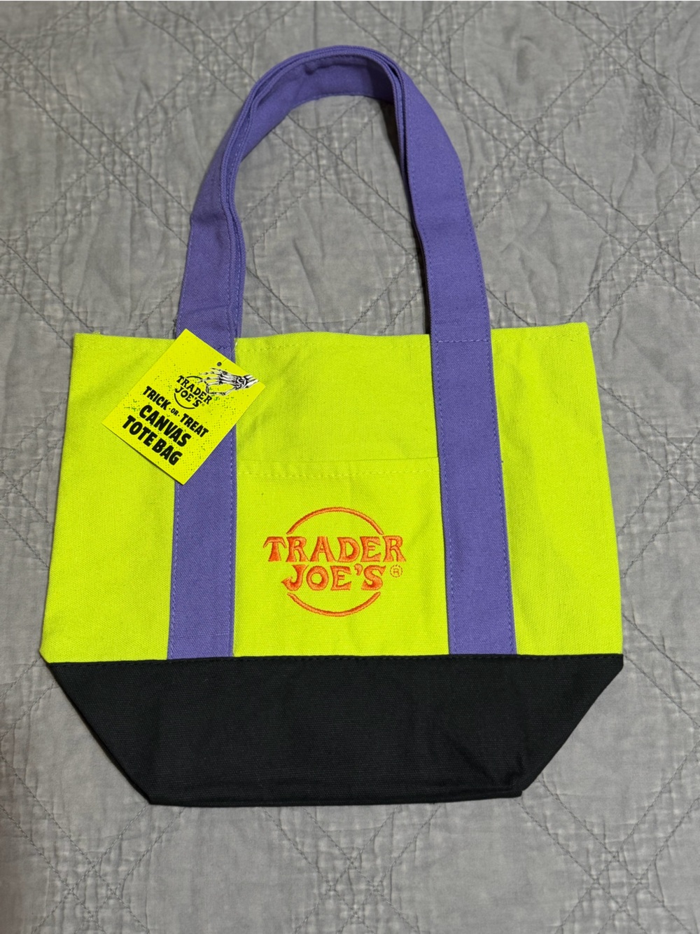 Trader Joe’s Neon green and Black purple Canvas Tote with Purple Straps